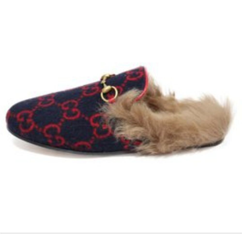 Gucci Women Blue Red & Wool GG Monogram Fur Princetown Mule Slippers 35 - Picture 11 of 16